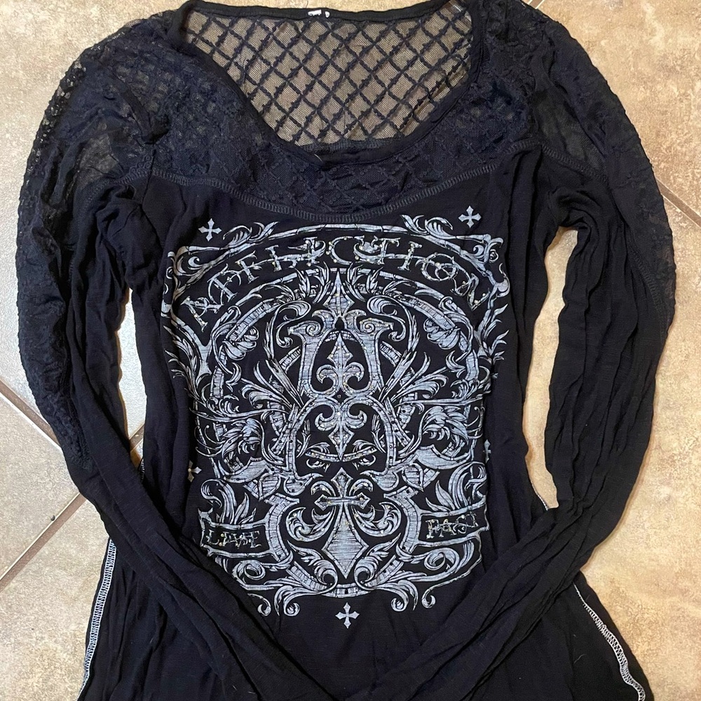 Large black long sleeve Affliction shirt rhinestones with lace on shoulders/back